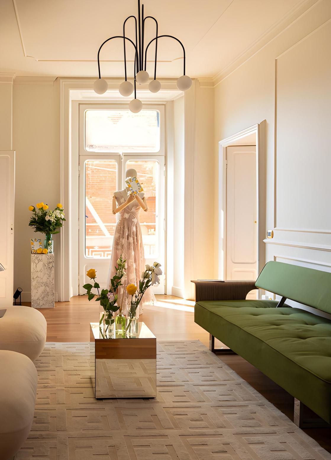 The Salotto lounge with its high ceiling, sculptural pendant, olive sofa and a fashion display beside the window
